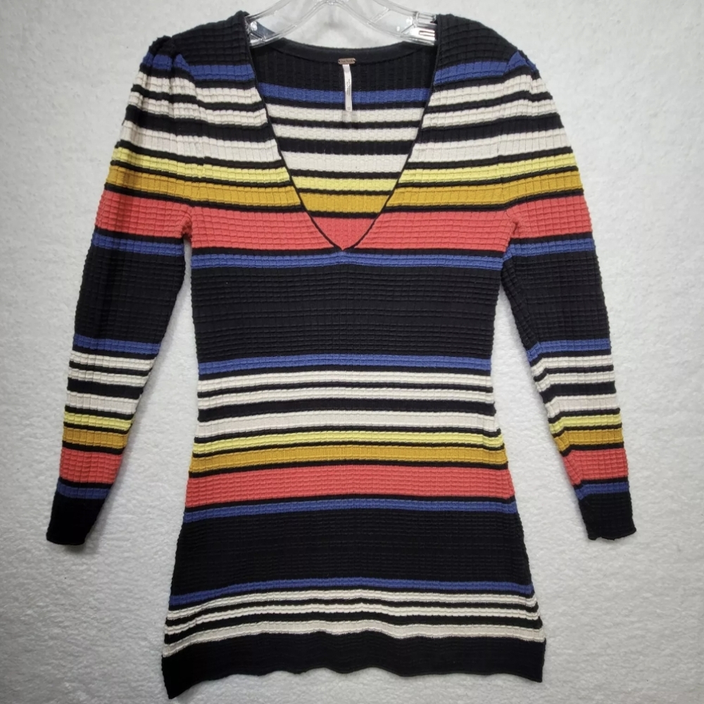 Free People Striped V Neck Gidget Knit Mini Sweater Dress FP
